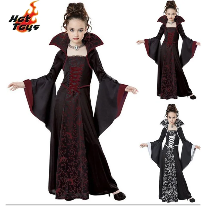 Medieval Witch Princess Dress Festival Vampire Cosplay Costume for Kids Girls Halloween Retro Collar Bell Sleeve Performance