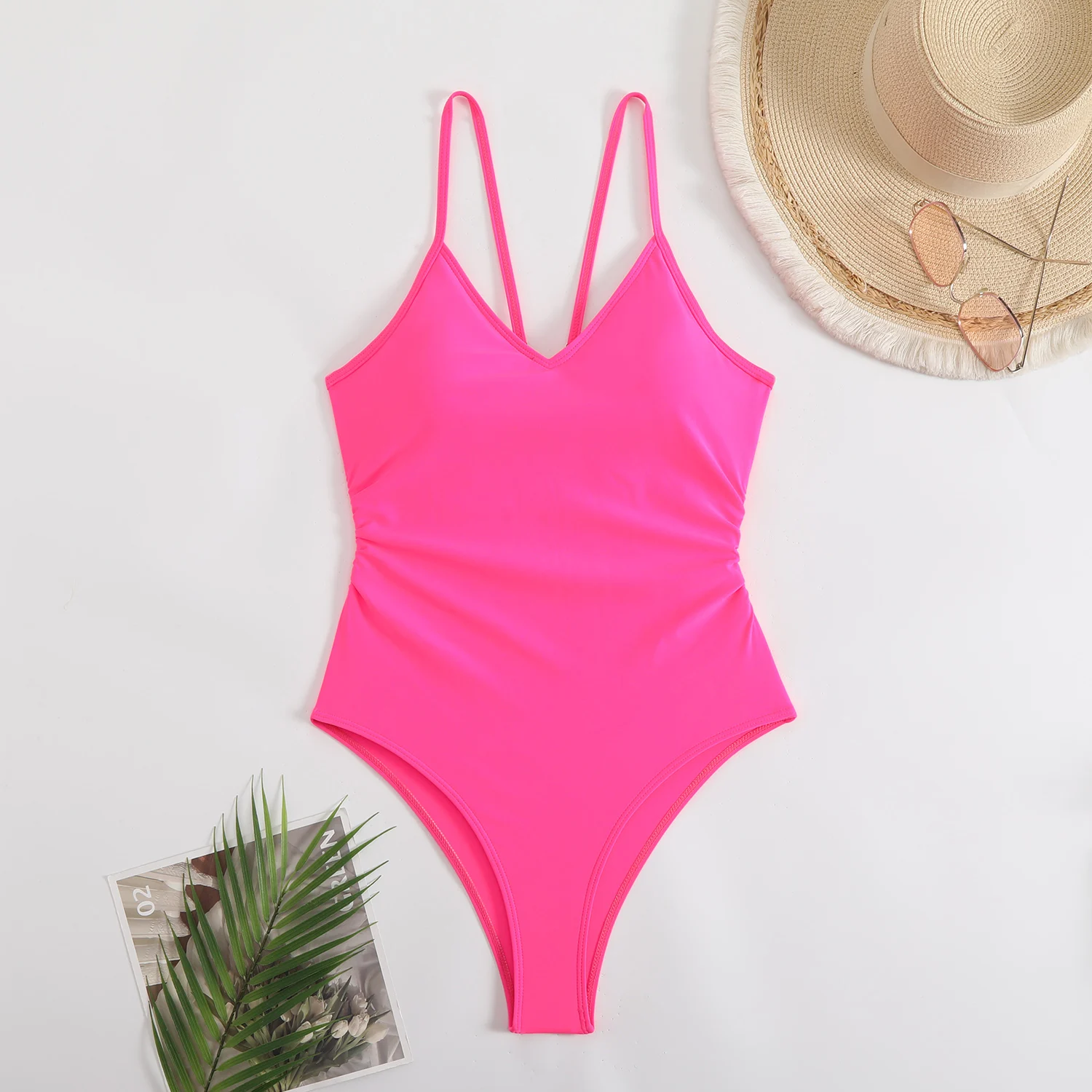 2026 V-neck Strappy Swimsuit Women One Piece Solid Back Ring Link Swimwear Female Bathers Bathing Swimming Swim Suit Beachwear