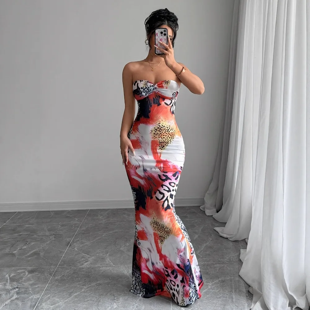Women New Strapless Printed Maxi Dress Elegant Tube Dress with Back Twist Knot Tie, Long Dress for Party Vacation Banquet