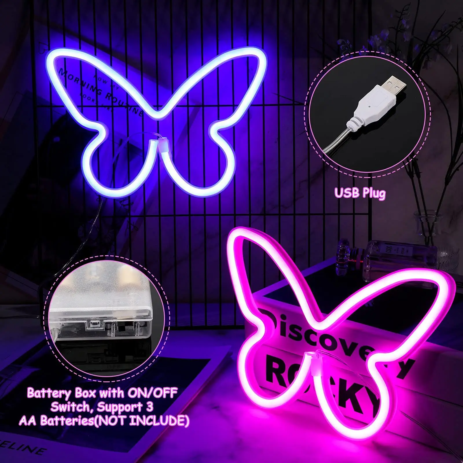 LED Butterfly Neon Sign Light USB/Battery Operated Night Light Wall Hanging Lamp Bulbs for Christmas Wedding Party Bedroom Decor