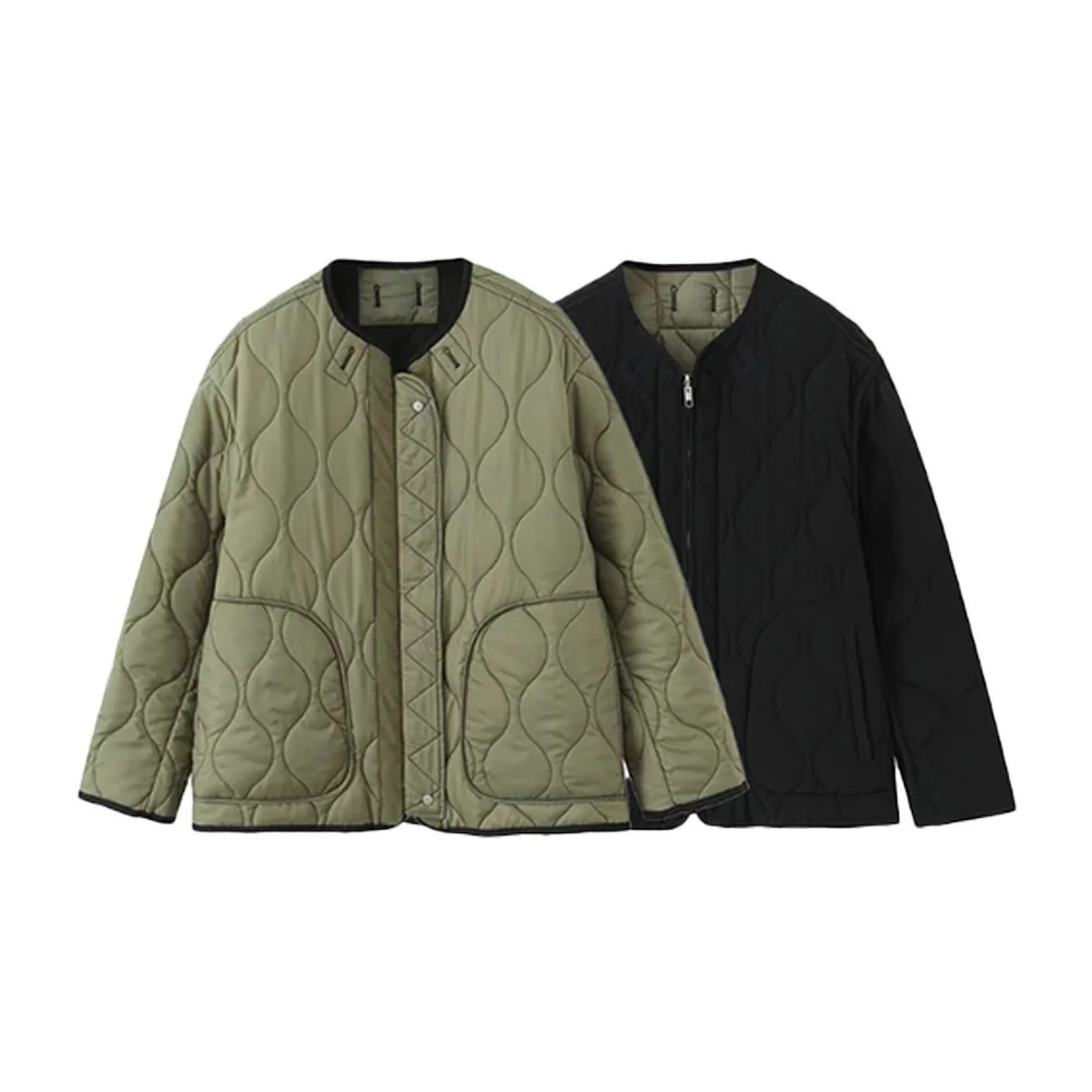 

Autumn and winter new women's casual round neck long sleeved contrasting splicing can be worn double-sided cotton jacket