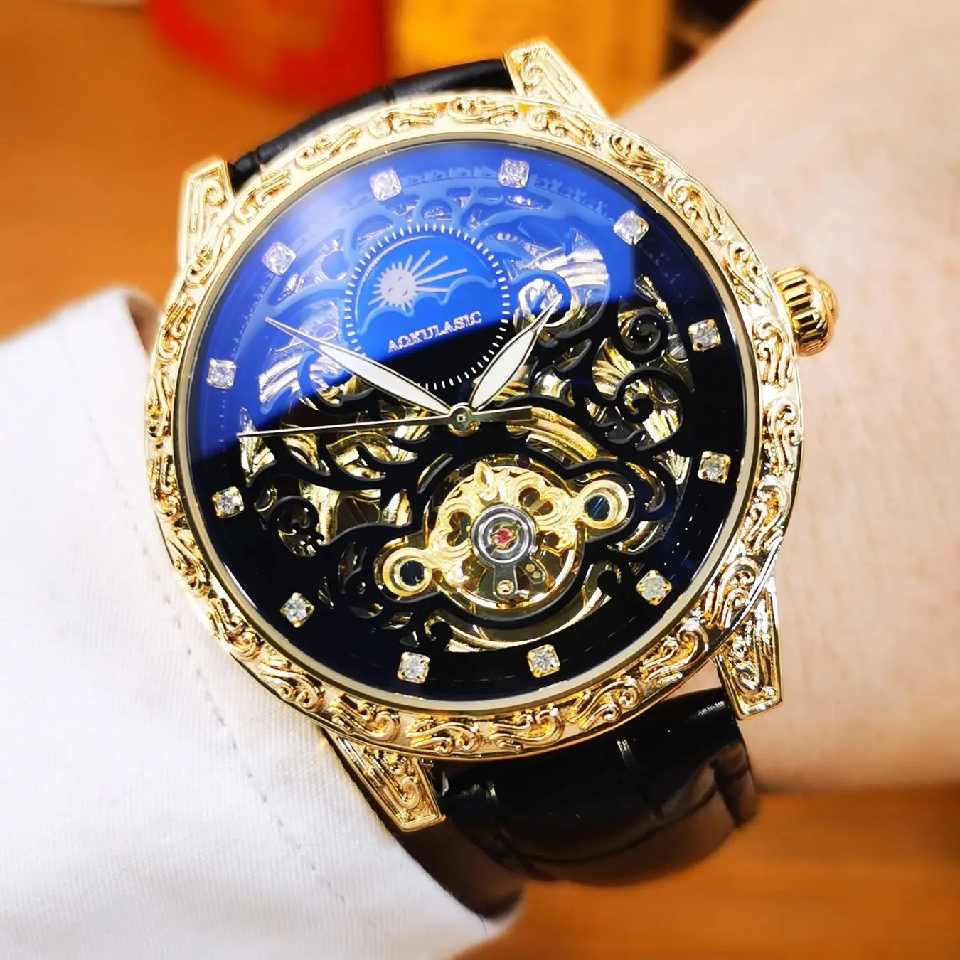 

Мужские часы с гравировкой в стиле ретро, ​​люксовые автоматические механические часы с турбийоном и скелетонизированным циферблатом для мужчин, кожаный ремешок, AOKULASIC, новинка