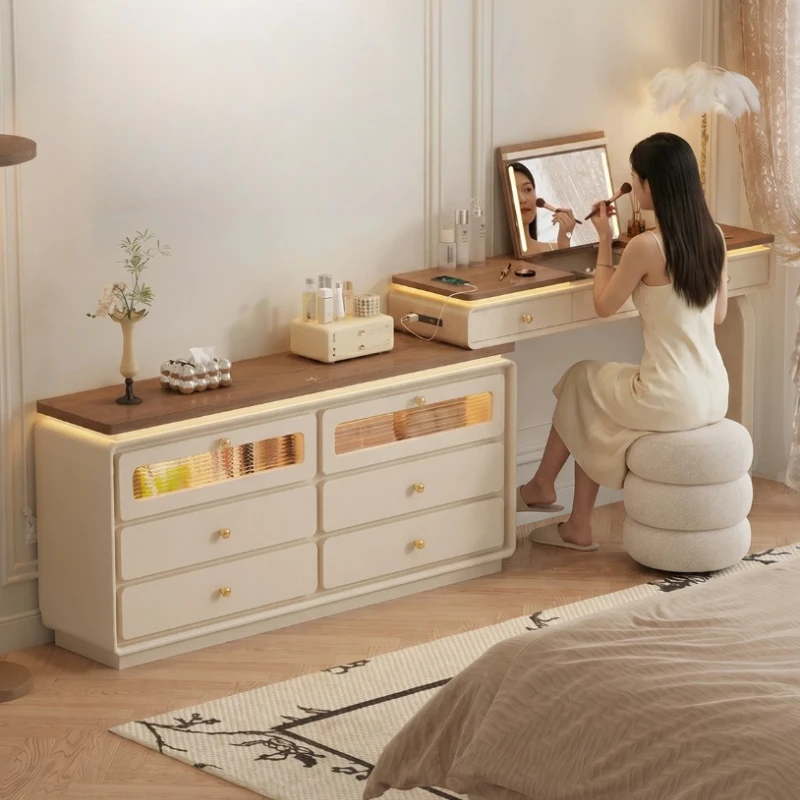 Cream furniture Mid-century Solid Wood Dressing Table with Chest of Drawers Integrated Small Bedroom Flip Makeup Vanity Table