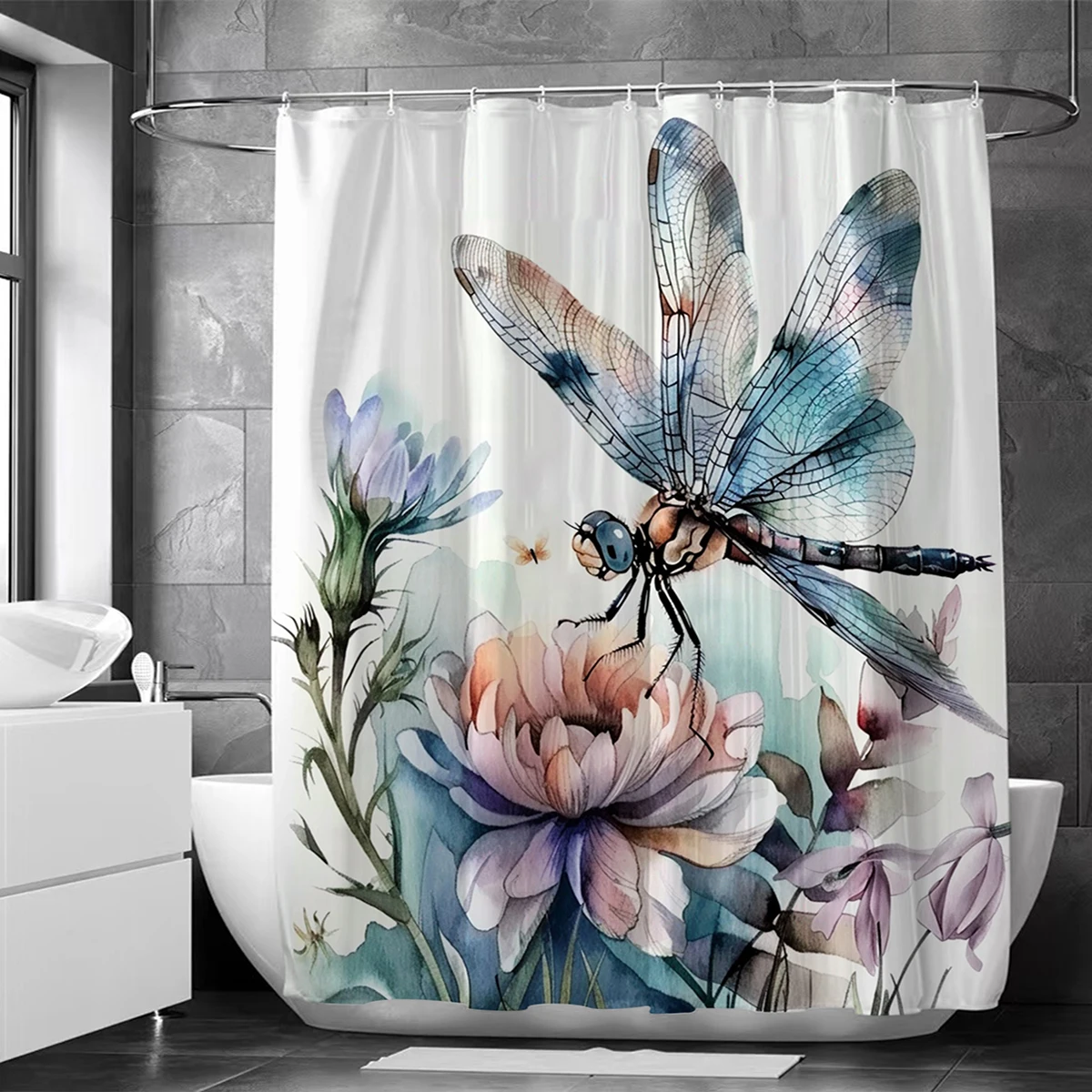 1pc dragonfly pattern polyester material shower curtain waterproof fabric, thickened anti mold partition curtain for bathro