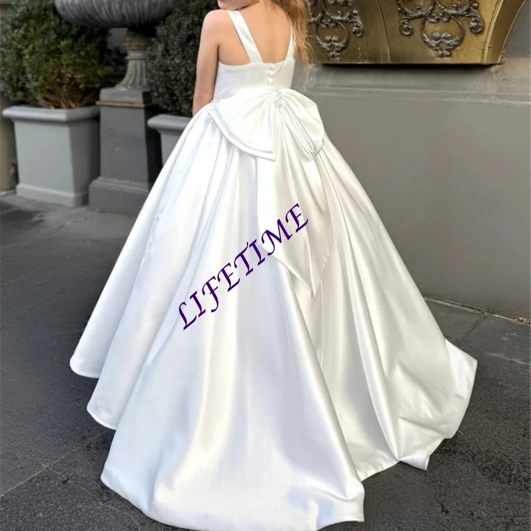 

Прекрасное качество, розовое атласное пушистое платье с большим бантом на тонких бретельках для детей, вечерние бальные платья на свадьбу, день рождения, Custo