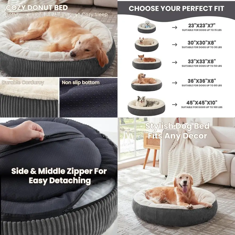 

Large Calming Round Dog Bed with Removable Washable Cover, Faux Fur & Corduroy, Fits Pets up to 80 lbs, 36 Diameter (Dark Grey)