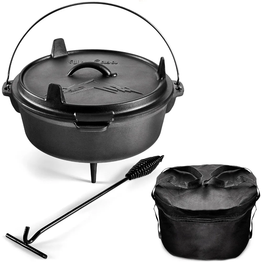 

6Qt Cast Iron Camping Dutch Oven with Lid Lifter and Storage Bag - Pre-Seasoned Outdoor Dutch Oven for Campfire Cooking, Stews