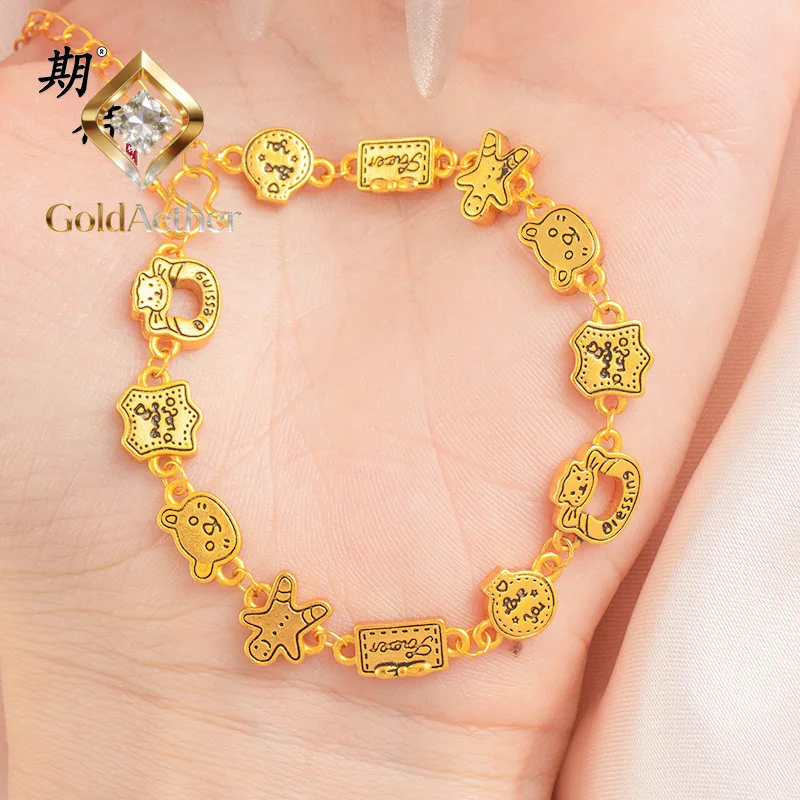 

GoldNouveau Luxury 24K 9999 Pure Gold real gold Women's Gingerbread Man Bear Bracelet Cute Cartoon Cat Bracelet