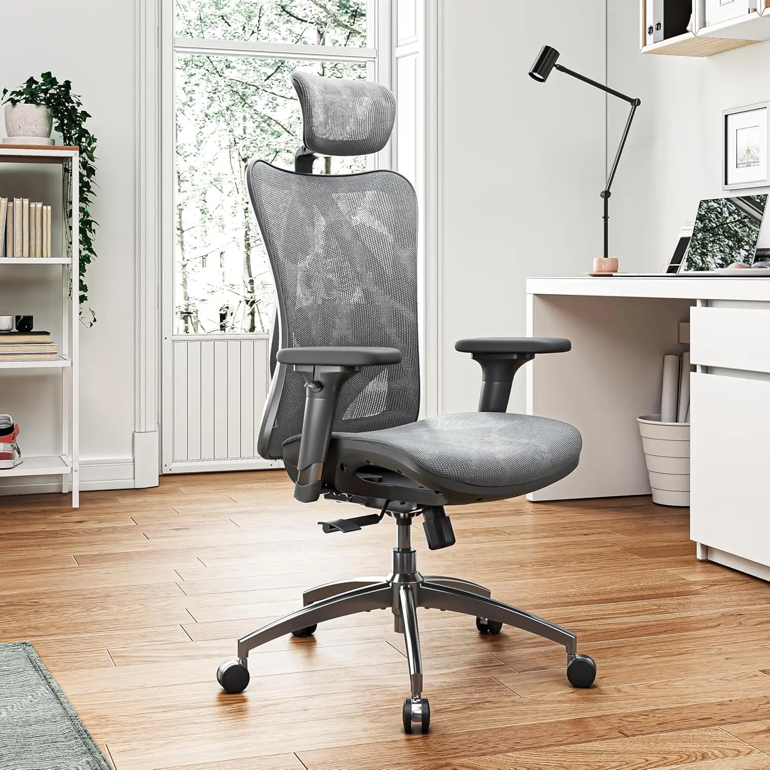 Silla de oficina ergonómica con reposabrazos de 3 vías, soporte lumbar, reposacabezas ajustable, función de inclinación de Espalda alta, color gris