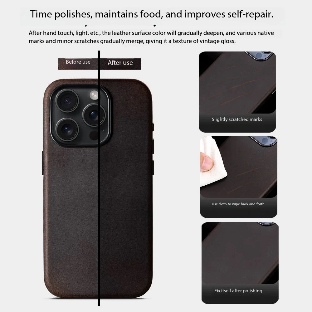 Włoskie etui z prawdziwej skóry Crazy Horse do iPhone 16 15 17 18 Pro Max, magnetyczne etui z naturalnej skóry z funkcją MagSafe. — zdjęcie produktu 3
