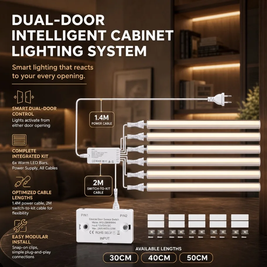 Bande lumineuse LED 30/40/50CM avec interrupteur à double commande, éclairage synchronisé pour armoire de cuisine, placard, vitrine, chambre à coucher, décoration