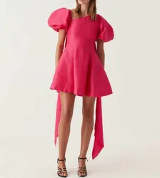 Classy Short Fuchsia Taffeta Evening Dresses with Pockets فساتين سهرة A-Line One Shoulder Mini Length Prom Dress for Women