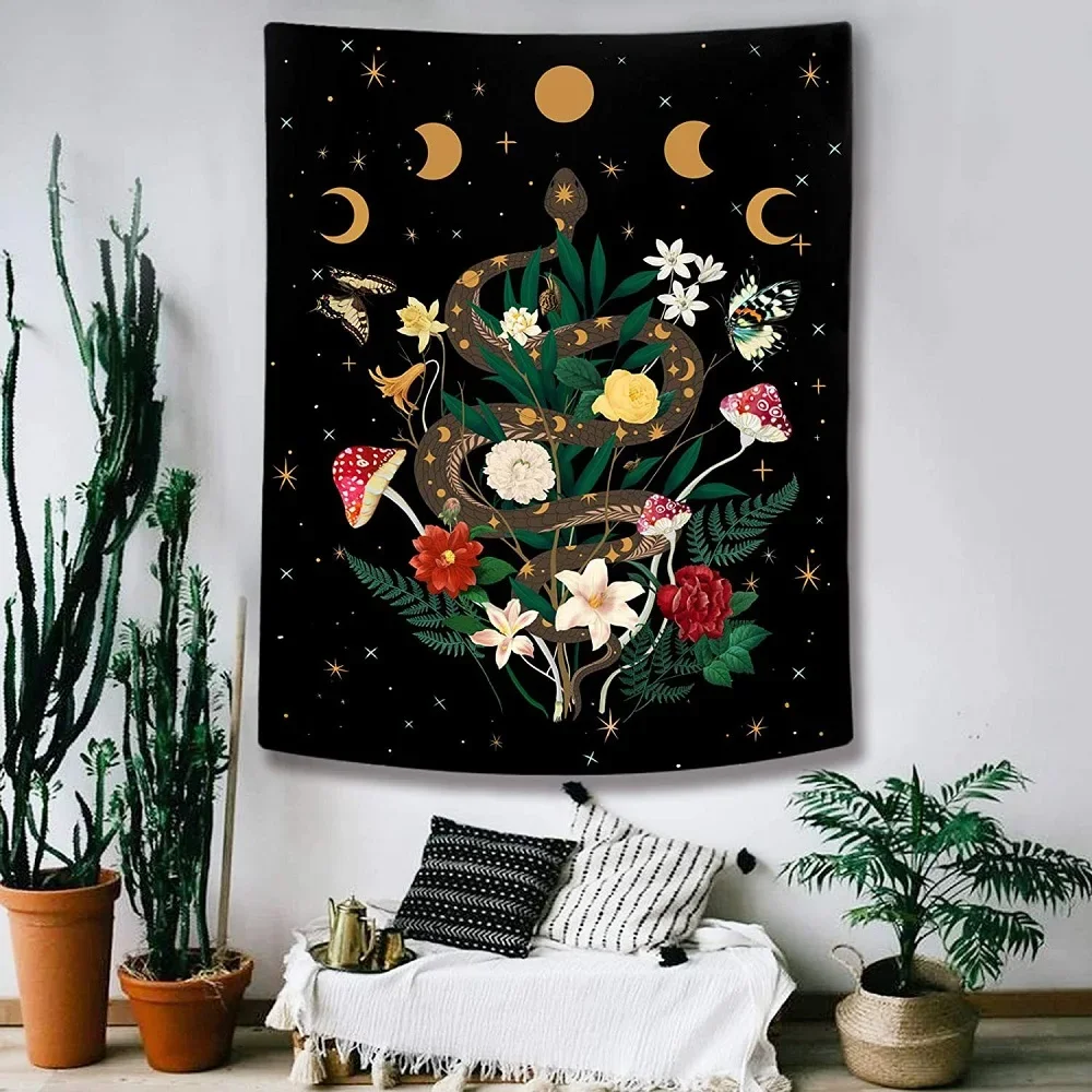 Snake Moon Butterfly Tapestry Wall Hanging Wildflowers Background Cloth for Bedroom Boho Decoration Home Decor