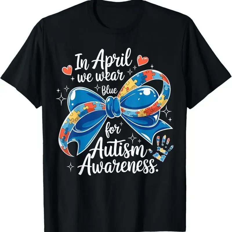 In April We Wear Blue Autism Awareness Coquette Bow T Shirt