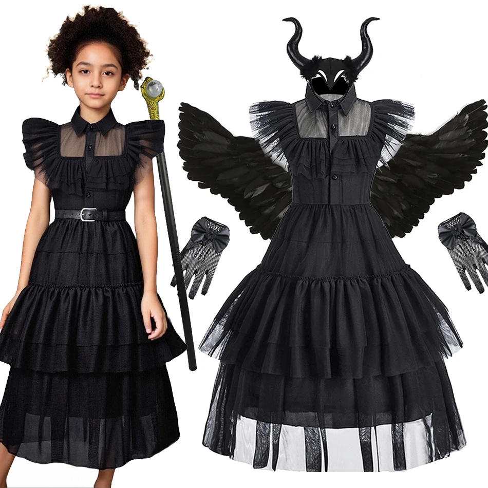 

Вечернее платье феи ведьмы для девочек с крыльями, детский карнавальный костюм на Хэллоуин, детская зеленая, черная карнавальная одежда на Рождество и день рождения