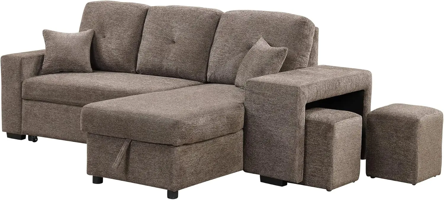 95"" Reversible Sleeper Sectional Sofa Bed With Side Shelf And 2 Stools,Pull-Out L-Shaped Couch With Storage Chaise Left/Right