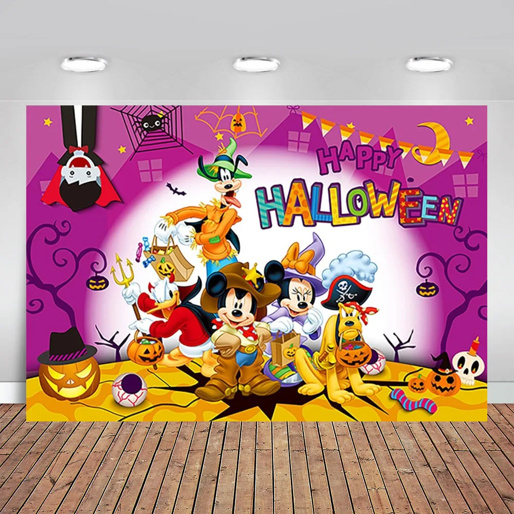 Mickey Mouse Backdrop for Halloween Party Moon Banner for Party Decorations Pumpkin Halloween Baby Shower Photo Background