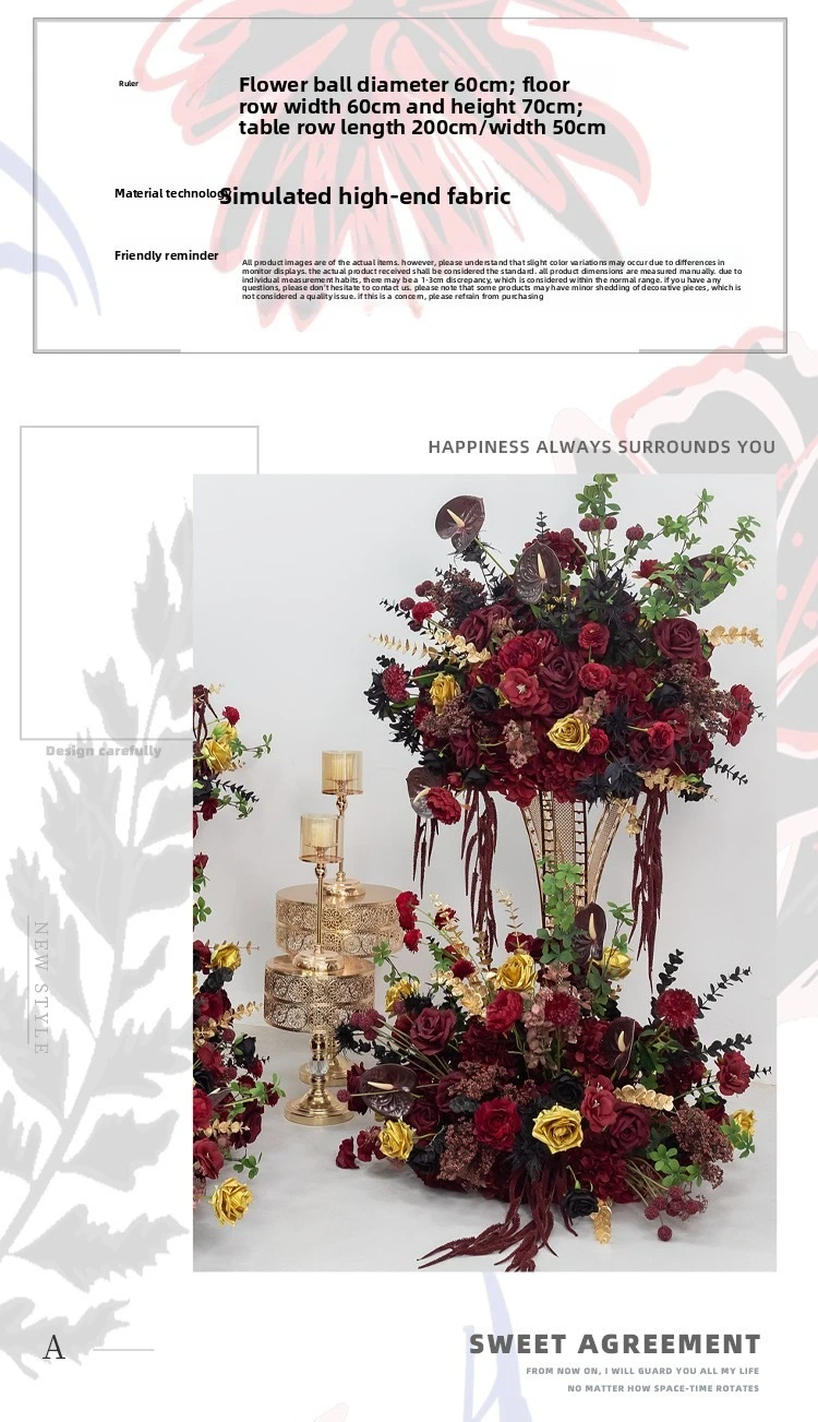 Tiefrote künstliche Blumenreihe, Hochzeitsdekoration, florale Beschilderung, künstliche Blumenkugel, Gangläufer für Party-Event-Hintergrundarrangements – Detail 6
