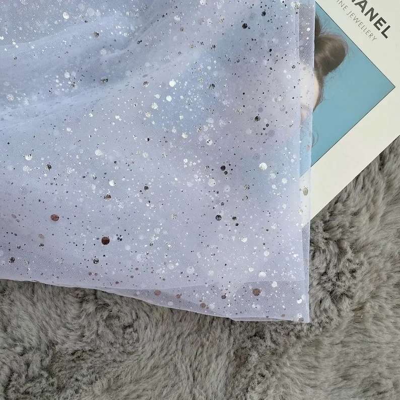 Silver Sequins dot pattern Lace Fabric glitter dot Soft white Tulle Fabric For Girl Dress Tutu Dress Wedding Dress Bridal