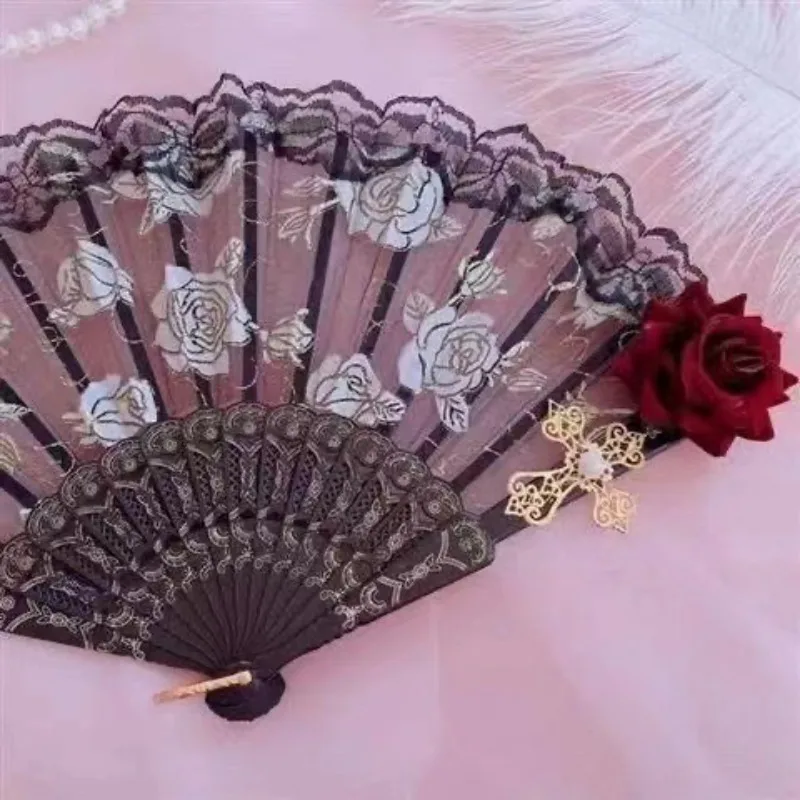 Halloween Props Lace Fan Gorgeous Retro European Rose Folding Fan Tea Party Models Dark Comic Show Cosplay Props