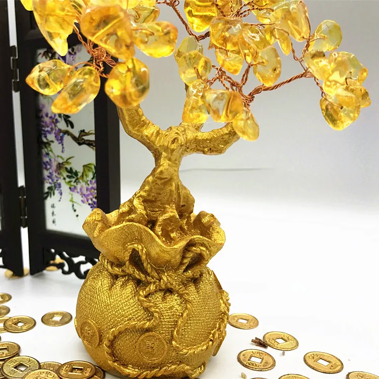 Feng Shui Citrine Money Tree Lucky Tree Resin Topaz Fortune Cash Wealth Luck Tree Treasure Handicraft Home Wine Cabinet Decor