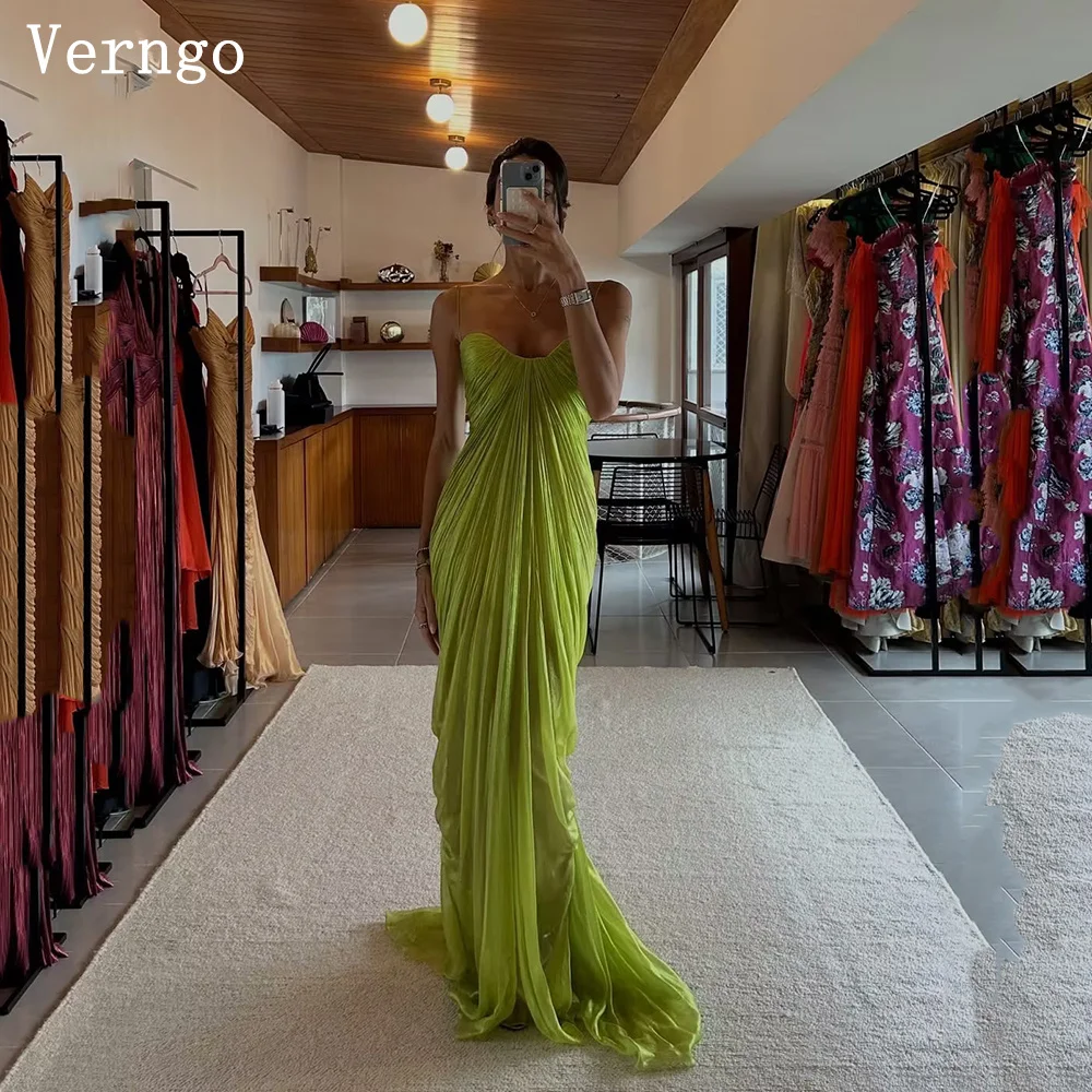 

Verngo Green Chiffon Evening Dress Spaghetti Straps Mermaid Pleated Prom Gowns Women Elegant Maxi Formal Dresses Customized