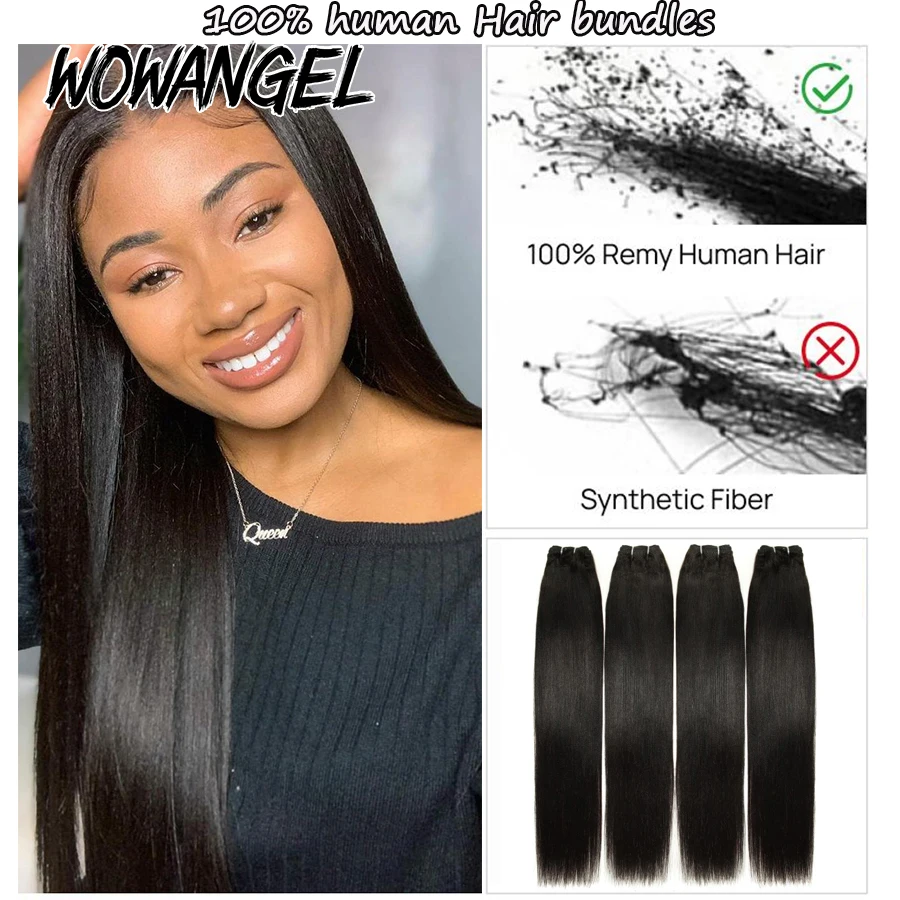 WOWANGEL Light Yaki Straight Human Hair Bundles Bouncy Fluffy Kinky Straight Virgin Hair Extensions Natural Black Double Weft