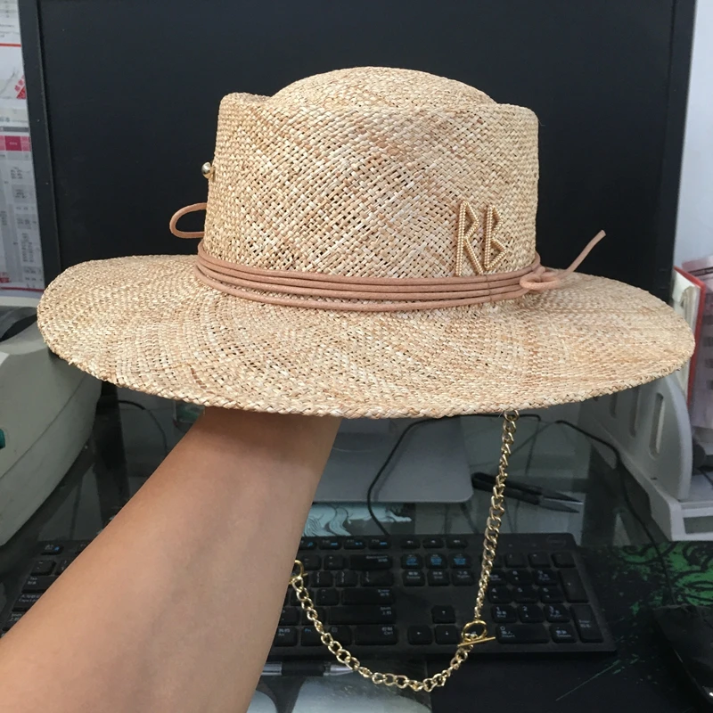 2022 new arrival raffia straw hat for women with letter and chain Wide Brim Floppy Sun Hat Summer Hats Lady Beach Cap