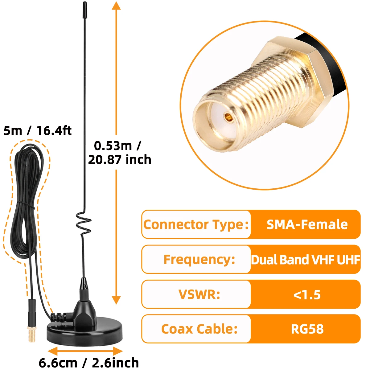 ABBREE Dwuzakresowa Antena Radiowa Mobilna Walkie Talkie Magnetyczna V/UHF SMA-Female PL259 Antena AD-109 do BAOFENG UV-5R UV-32 DM-32 — zdjęcie produktu 4