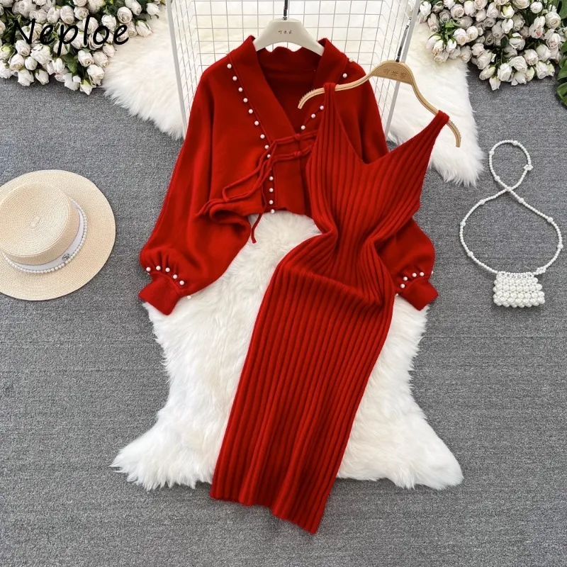 Neploe Vintage Chinese Style Bat Long Sleeve Tops Women+ Sexy Slim Waist Knitted Strap Dresses Y2k E-Girl Two Piece Sets