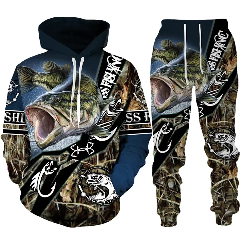 Novelty 3D Fish Printed Men Women Hoodie And Pants 2pcs Sets Camo Fishing Hunting Camping Clothes Fashion Outdoor Sportswear Set