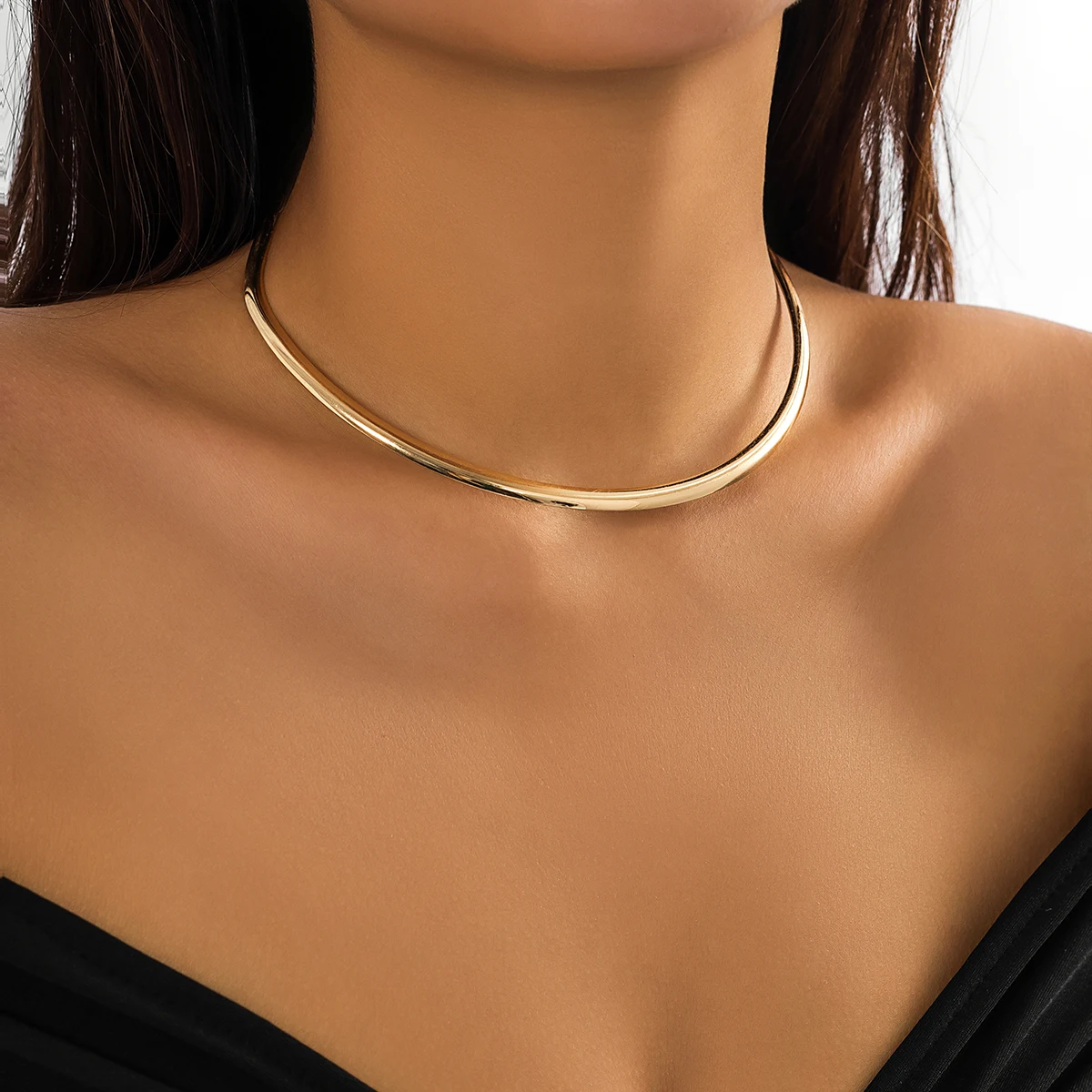 IngeSight.Z Punk Smooth Metal Round Torques Choker Necklace for Women Simple Gold Color Collar Necklace Party Jewelry Gift