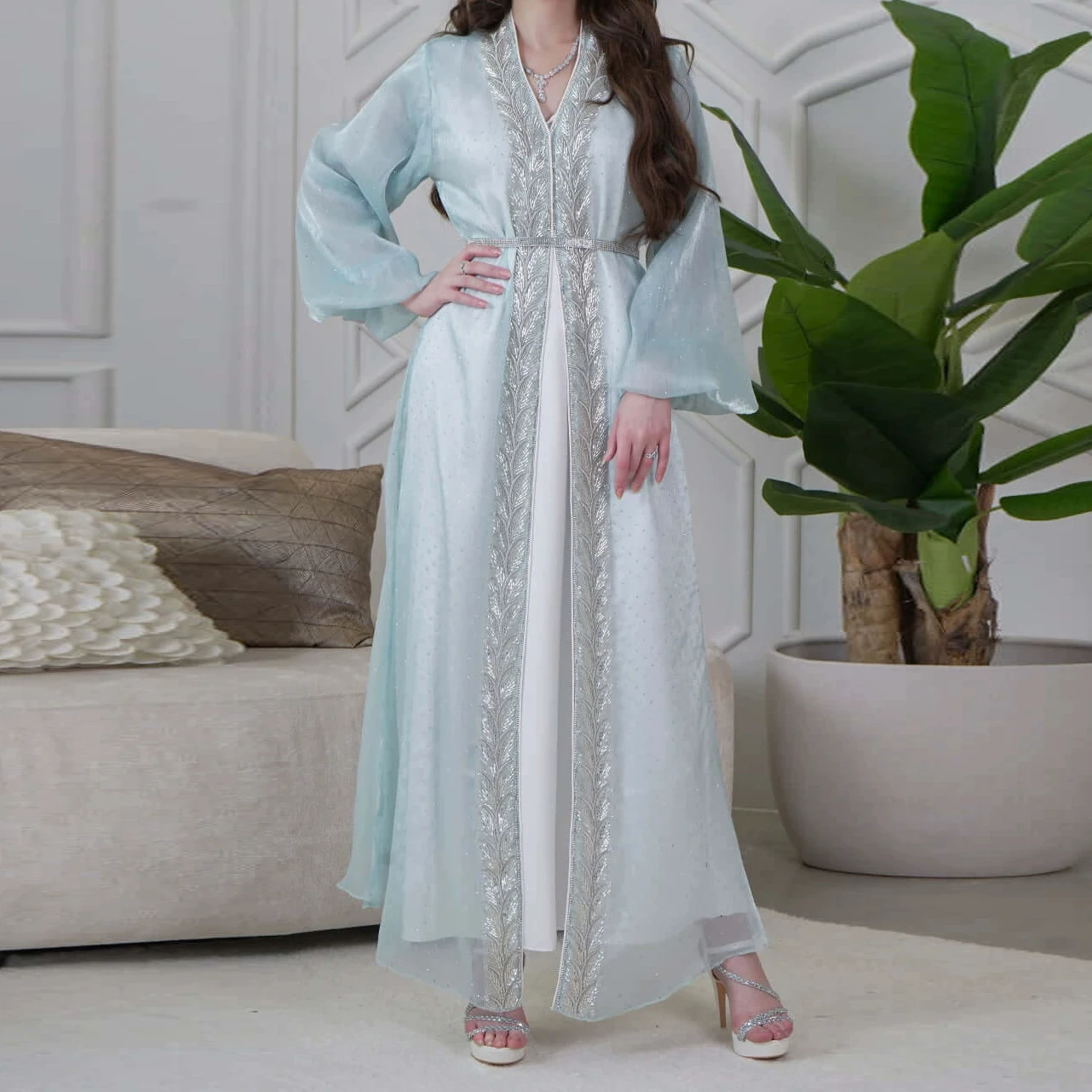 

Puff-sleeved cardigan, European and American Dubai elegant long dress, Middle Eastern robe, hot diamond three-piece suit-GZXX542