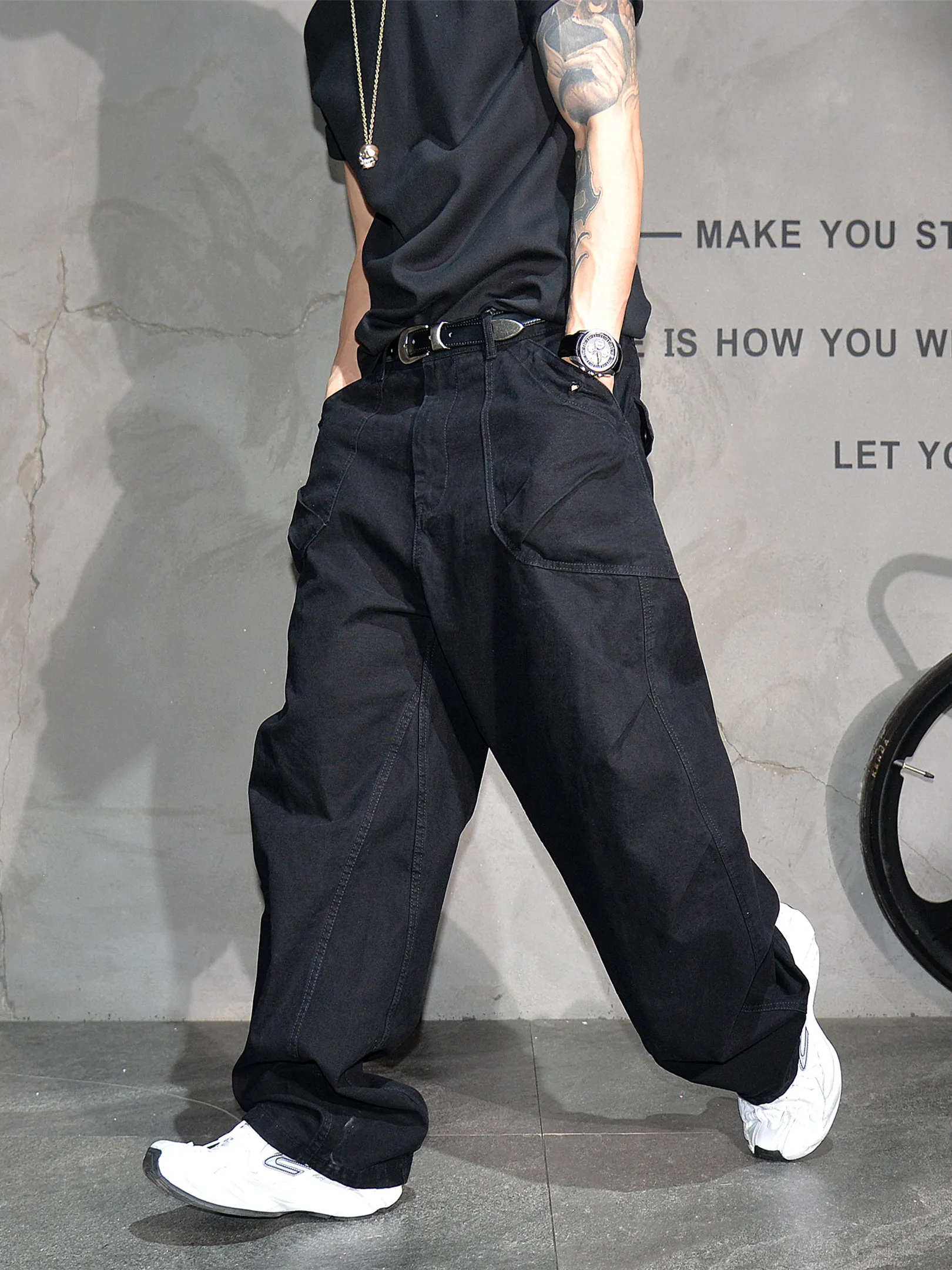Mens American High Quality Cargo Pants Solid Khaki Baggy Wide Leg Loose Straight Streetwear Casual Trendy Versatile Pants Male
