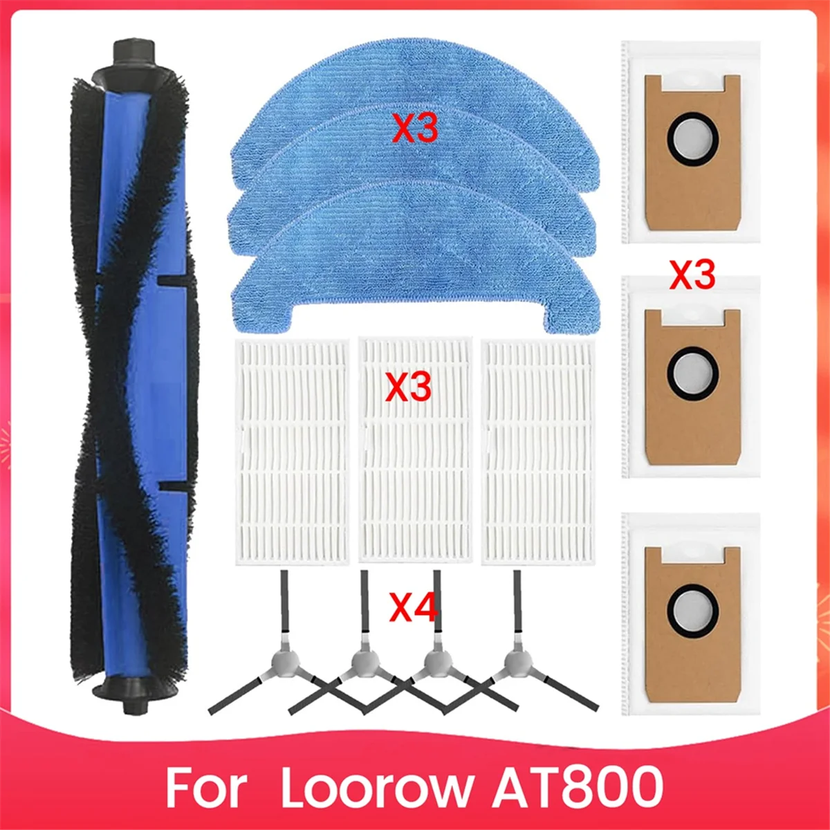 Replacement Parts for Loorow AT800 3-in-1 Robot Vacuum Accessories Main Side Brush HEPA Filter Mop Pad Dust Bags