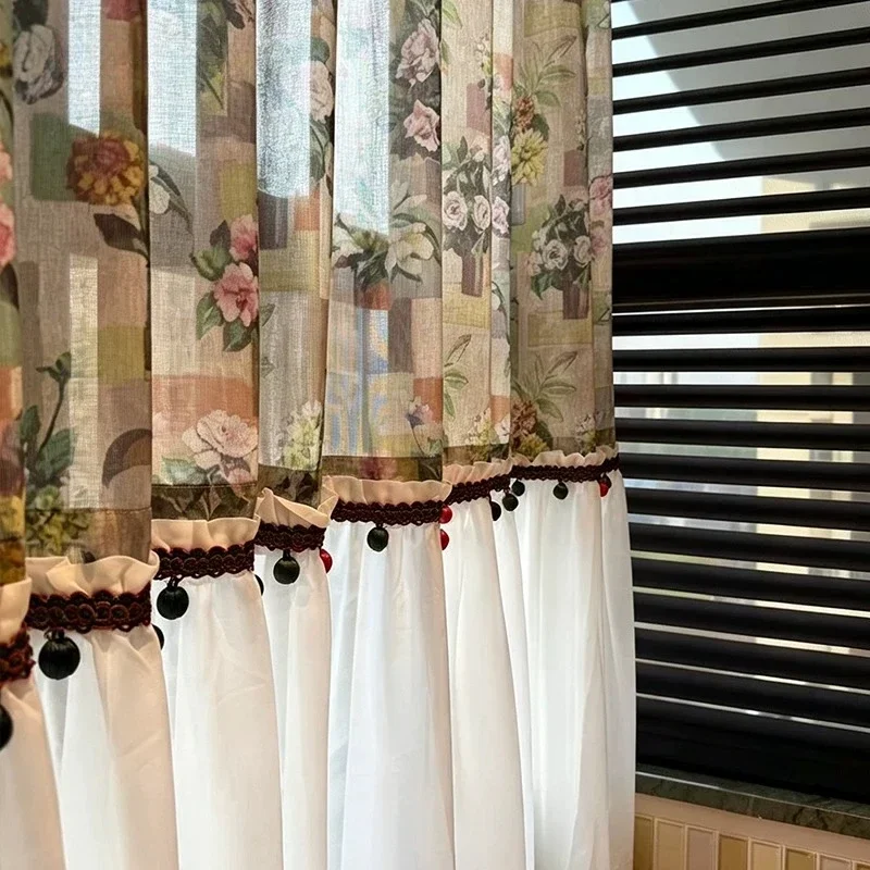 New Linen Yarn Oil Painting Printed Skirt with Spliced Window Screen for Living Room Bedroom French Window Balcony Customized