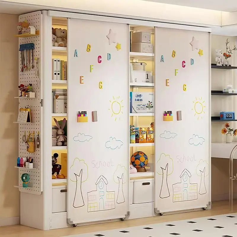 Library Bookshelf Double Track Whiteboard Floor Children's Bookcase Multi-layer Shelf Steel Household Foldable Whiteboard Door