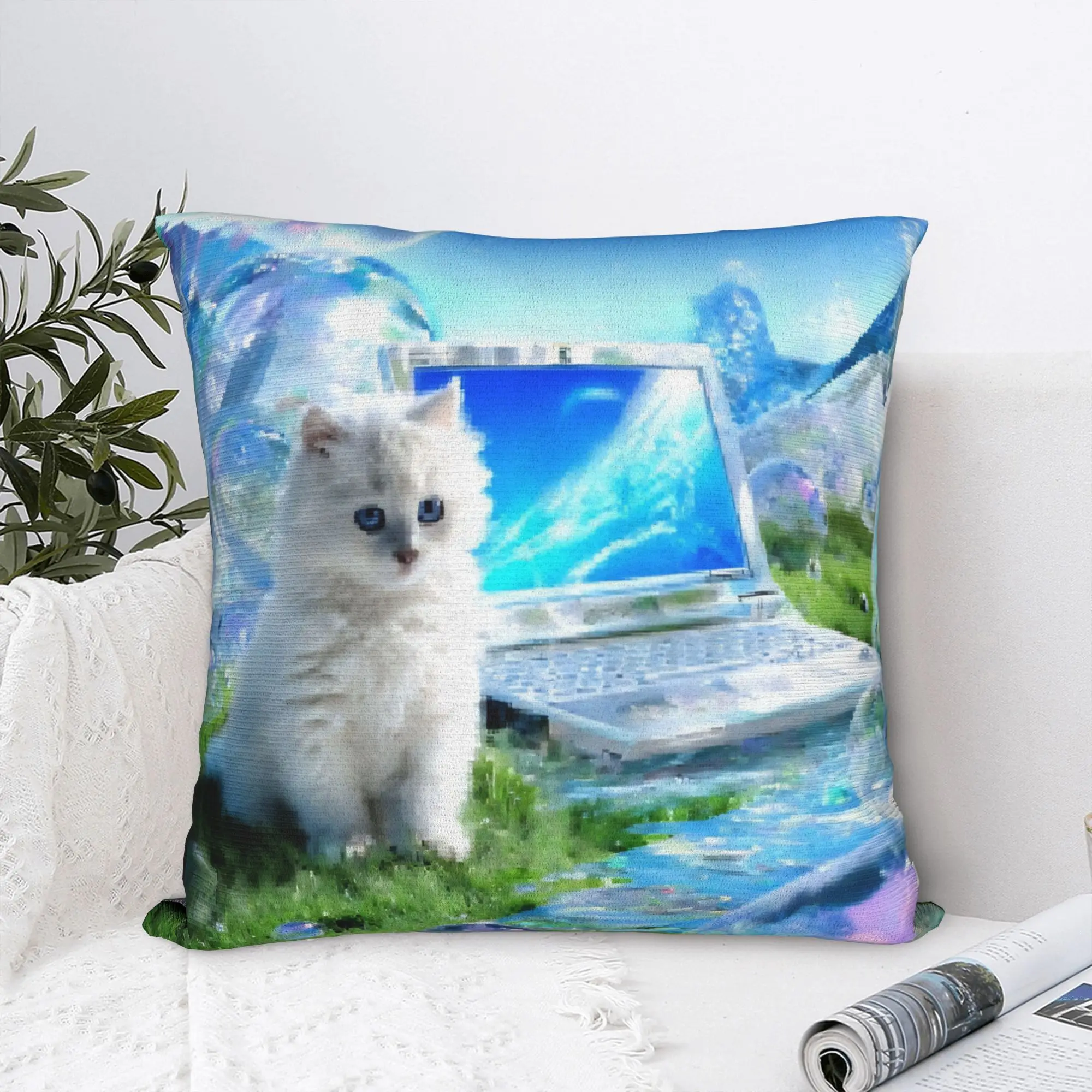 Computer Cat Frutiger Aero Square Pillow Cases  Cushion Covers Customized Zipper Decorative Pillowcover for Home 45*45cm