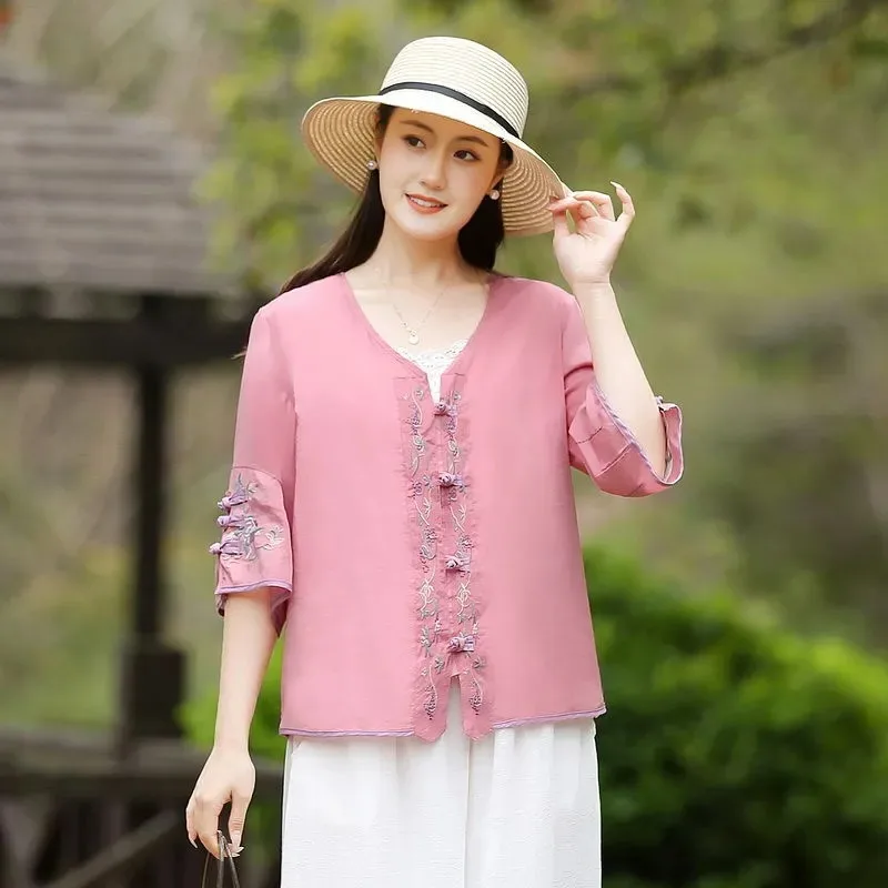 

Women's Chinese Style Embroidery Blouse Floral Embroidery Frog Button 3/4 Sleeve Casual Linen Blend Top