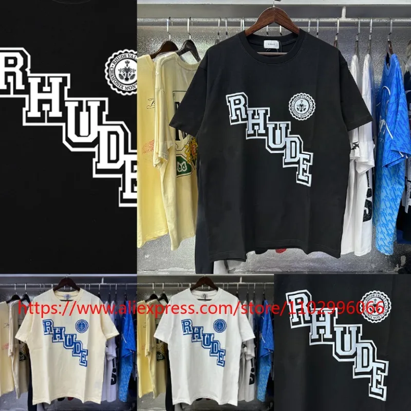 Hot New RHUDE Men's T-Shirt Bold Letter Logo Print Black Cotton Short Sleeve Streetwear Top High Quality Fast Delivery