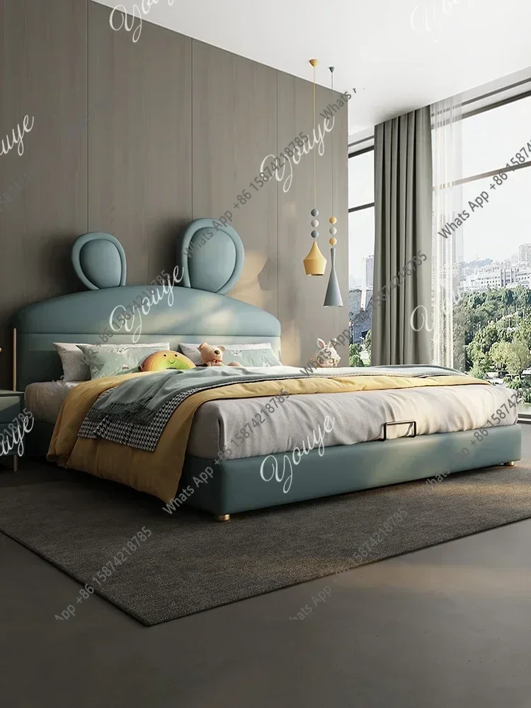 N63J W Modern Simple High-end Luxury Pink Solid Wood Little White Rabbit Ears Leather Children's Bed Bedroom
