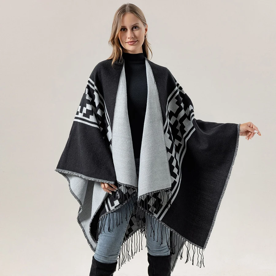 

Luxury Europe American Fashion Long Poncho Thick Acrylic Cashmere Cape Large Loose Outerwear Unisex Spring Autumn Travel Cape