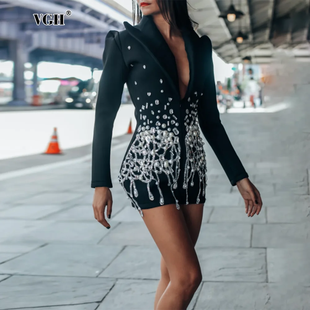 VGH Solid Spliced Diamonds Chic Short Dresses For Women Lapel Long Sleeve High Waist Sexy Slimming Dress Female New Autumn 2024