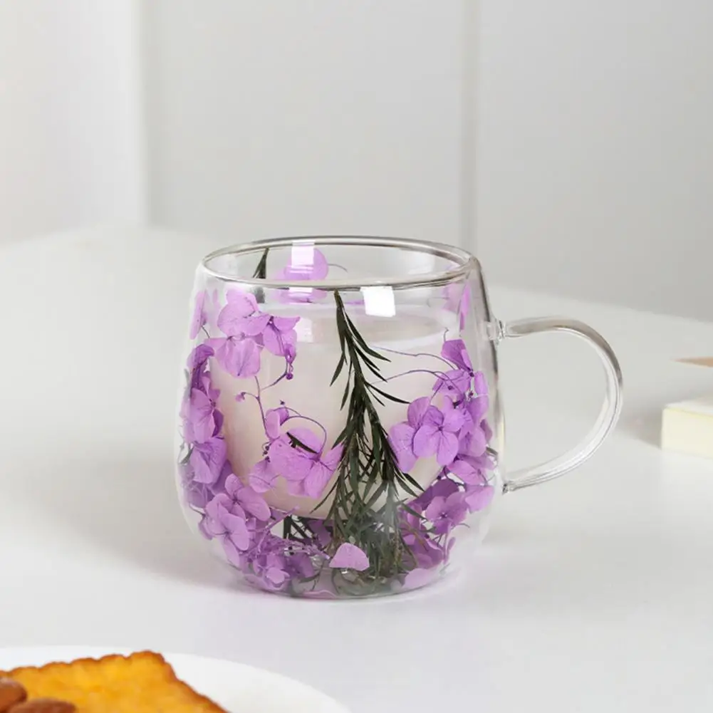 Double-Wall Glass Mug with Dried Flower Design 250ml Borosilicate Glass Cup for Milk Coffee Breakfast Insulated Clear Glassware