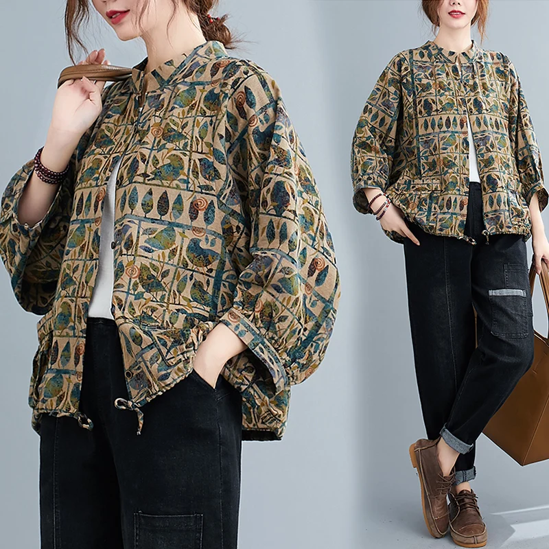 

Женский хлопково-льняной кардиган большого размера с принтом и поясом, с открытым верхом и пуговицами, воротником-стойкой, открытым кардиганом, верхняя одежда на осень