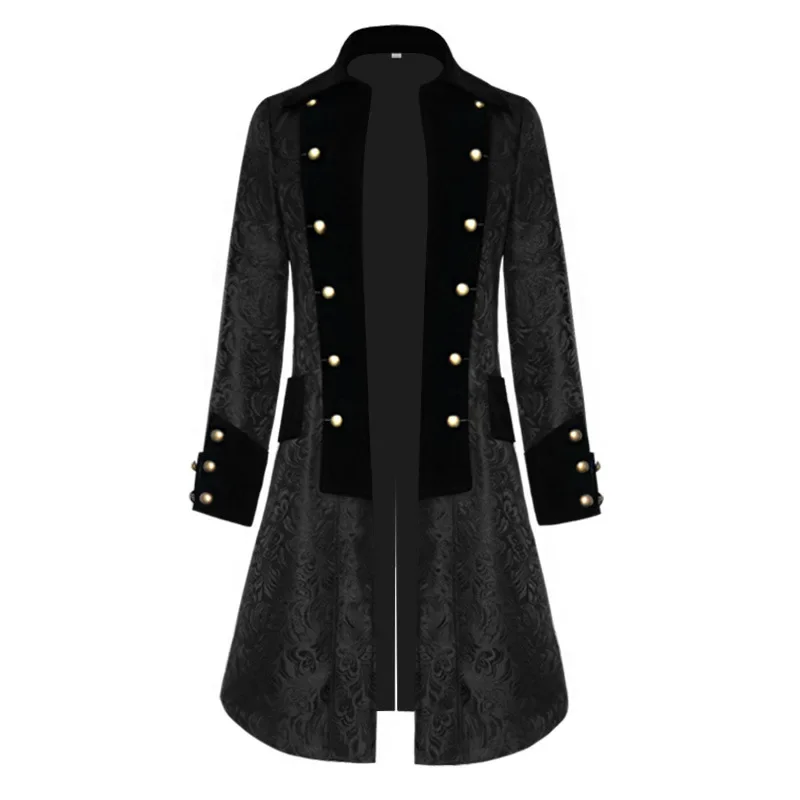 Steampunk Jacket Medieval Costume Trench Men Long Sleeve Gothic Brocade Jacket Frock Coat Vintage Stand Collar Halloween