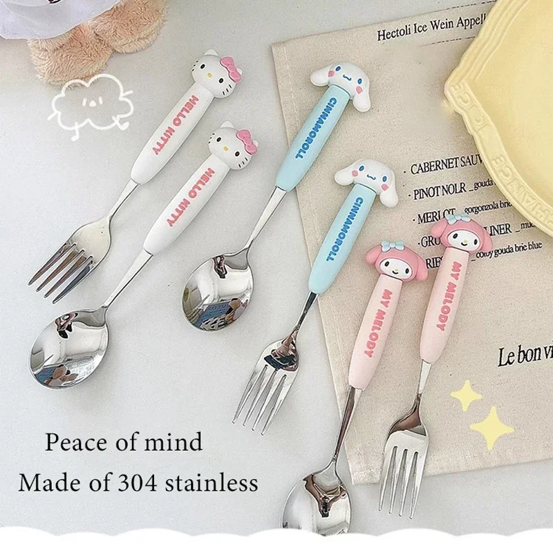 

Sanrio Hello Kitty My Melody Fork and Spoon Set Student Stainless Steel Eating Utensils Spoon Fork Soft Rubber Handle Dinnerware