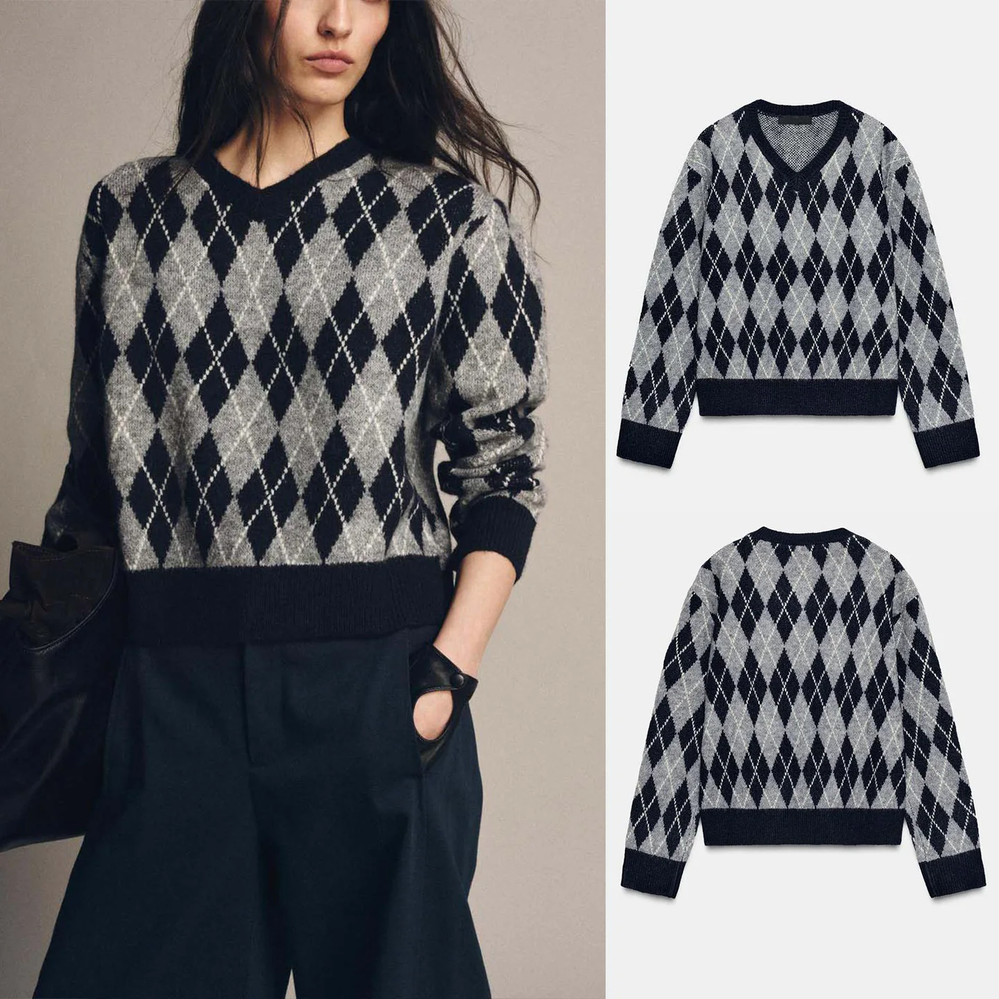 Herbst Winter Neue Ankunft frauen College Sle Einfache V-Ne Lange Sve Diamant Muster Gestrickte Top Casual Lose Fit polyes...