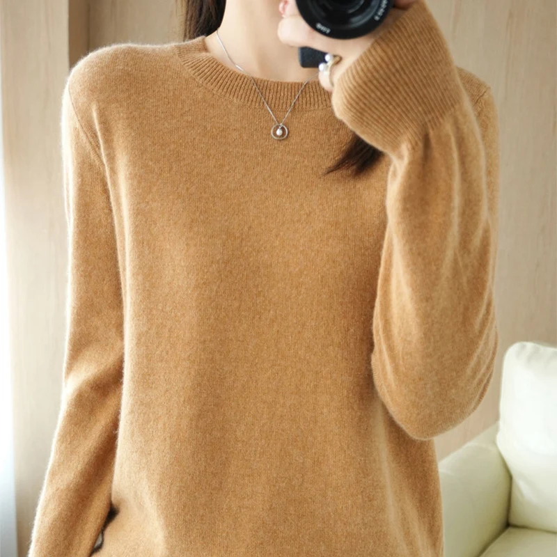 

Autumn Winter Thin Bottoming Pullover Women Simple Solid Color Knitted Round Collar Sweater Korean Fashion Loose Comfortable Top