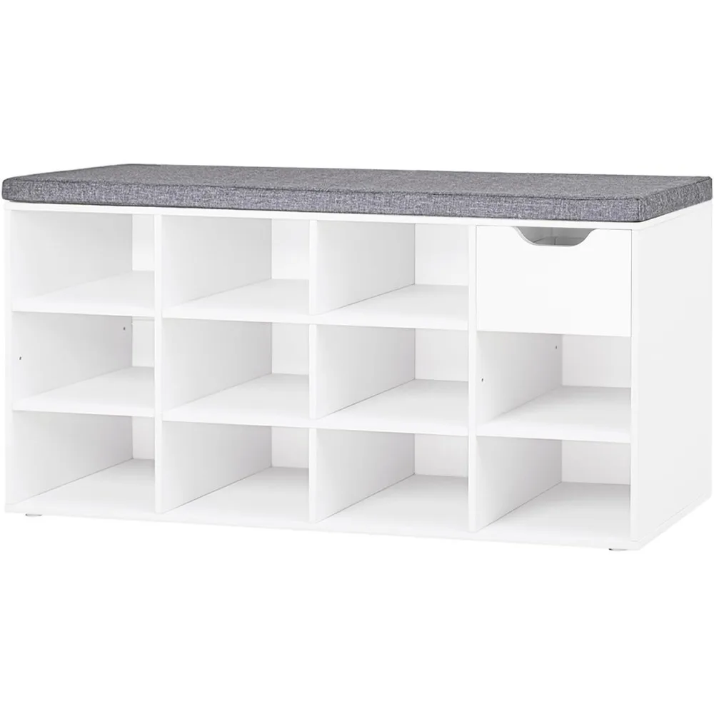 

lvj shoe bench, entryway storage bench with drawer and 11 cubbies, cubby shoe rack with adjustable shelves, shoe organizer